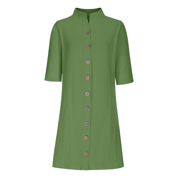 Women Button Down Work Sheath Dress Summer Half Sleeve Stand Collar Tunic Dresses Casual Solid Knee Length Dress