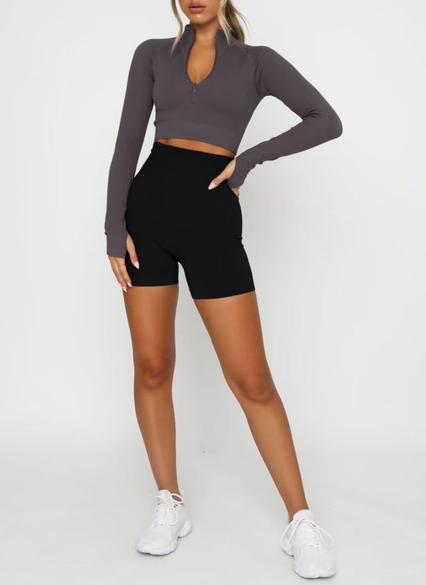 Women's Long Sleeve Workout Shirts Half Zip Pullover Sweatshirt Cropped Ribbed Yoga Running Athletic Tops