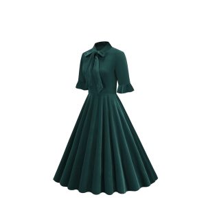 Women Velvet 1950s Vintage Dress Bowtie Neck Half Sleeve Cocktail Swing Dresses Audrey Hepburn Rockabilly Prom Dress