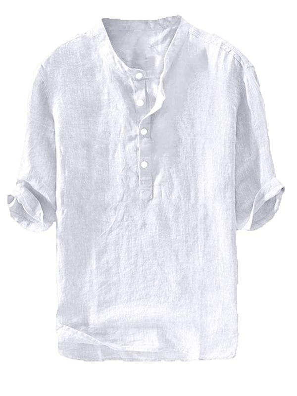 Mens Linen Shirts Casual Cotton 3/4 Sleeve Regular-Fit Henley T-Shirt Summer Lightweight Beach Yoga Tops