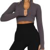 Women's Long Sleeve Workout Shirts Half Zip Pullover Sweatshirt Cropped Ribbed Yoga Running Athletic Tops