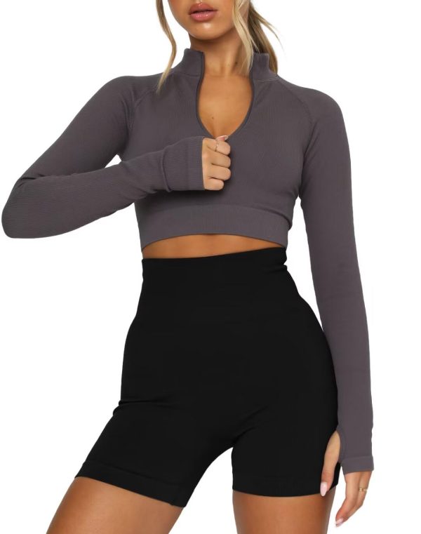 Women's Long Sleeve Workout Shirts Half Zip Pullover Sweatshirt Cropped Ribbed Yoga Running Athletic Tops