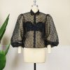 Women's Button Down Shirt Polka Dots Sheer See Through Long Sleeve Blouse Mesh Sheer Puff Sleeves Top