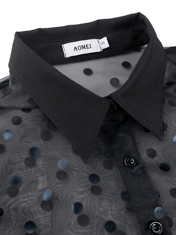 Women's Button Down Shirt Polka Dots Sheer See Through Long Sleeve Blouse Mesh Sheer Puff Sleeves Top