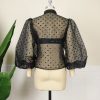 Women's Button Down Shirt Polka Dots Sheer See Through Long Sleeve Blouse Mesh Sheer Puff Sleeves Top