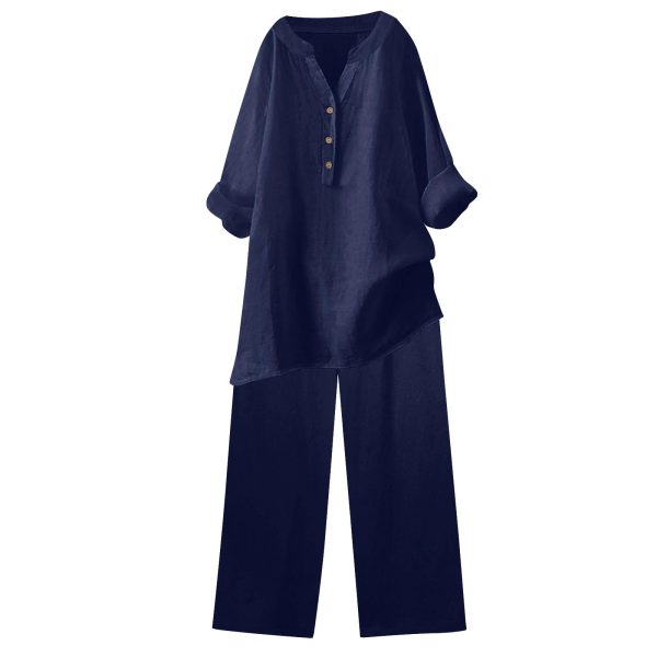 Women Cotton Linen Tunic Tops Set Plus Size 2 Piece Outfit Button V Neck Rolled 3/4 Sleeve Blouses and Wide Leg Pant