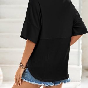 Womens Waffle Knit Tops 2025 Fashion 3/4 Sleeve Casual Button Down Shirts Crew Neck Oversized Patchwork Blouses