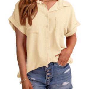 Womens Short Sleeve Button Down Shirts Casual Loose Fit Summer Shirt Blouses Tops with Pockets