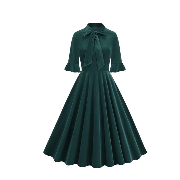 Women Velvet 1950s Vintage Dress Bowtie Neck Half Sleeve Cocktail Swing Dresses Audrey Hepburn Rockabilly Prom Dress