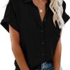 Womens Button Down Shirts Short Sleeve Linen Cotton Collared Button Up Casual Blouses Oversized Tops with Pocket