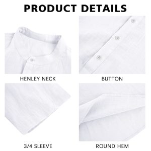 Mens Linen Shirts Casual Cotton 3/4 Sleeve Regular-Fit Henley T-Shirt Summer Lightweight Beach Yoga Tops