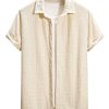 Mens Short Sleeve Button Down Shirt Jacquard Textured Summer Casual Top
