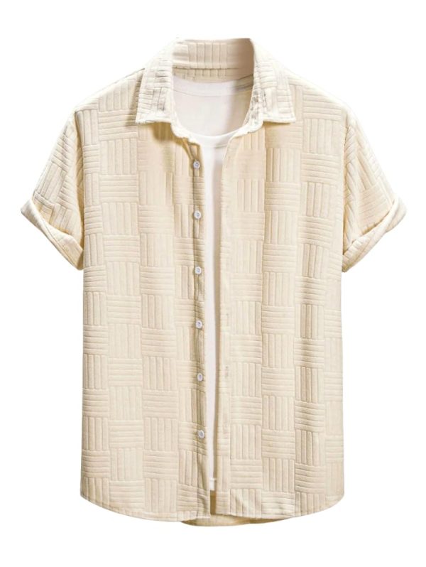 Mens Short Sleeve Button Down Shirt Jacquard Textured Summer Casual Top