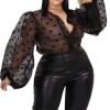 Women's Button Down Shirt Polka Dots Sheer See Through Long Sleeve Blouse Mesh Sheer Puff Sleeves Top