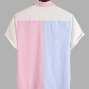 Men's Colorblock Button Down Short Sleeve Pocket Front Shirt Tops