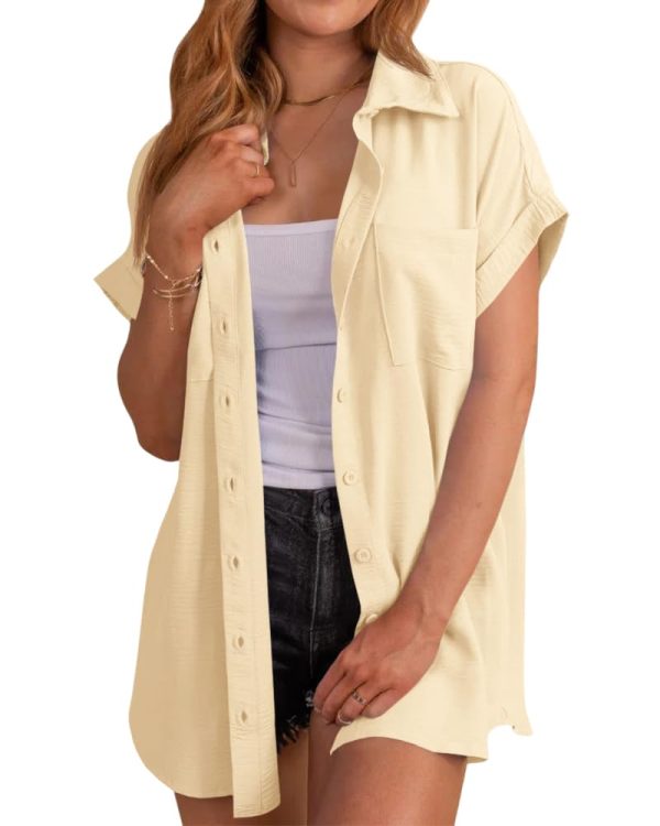 Womens Short Sleeve Button Down Shirts Casual Loose Fit Summer Shirt Blouses Tops with Pockets