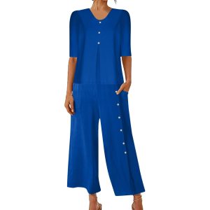 Plus Size Two Piece Outfits for Women Cotton Linen Capri Sets Half Sleeve Tops and Wide Leg Pants Summer Lounge Set