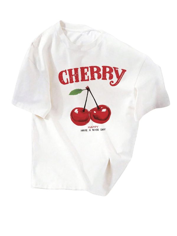Girl's Cherry Print Baggy T-Shirts Short Sleeve Drop Shoulder Tee Tops