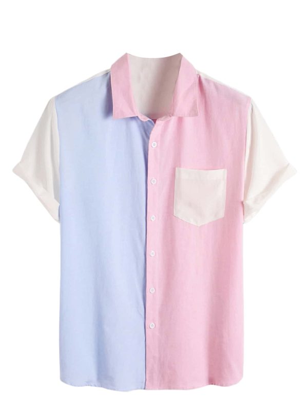 Men's Colorblock Button Down Short Sleeve Pocket Front Shirt Tops