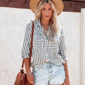 Womens Button Down Shirts Casual Long Sleeve Drop Shoulder Blouses Solid Color Dress Shirts with Pockets