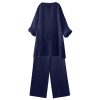 Women Cotton Linen Tunic Tops Set Plus Size 2 Piece Outfit Button V Neck Rolled 3/4 Sleeve Blouses and Wide Leg Pant