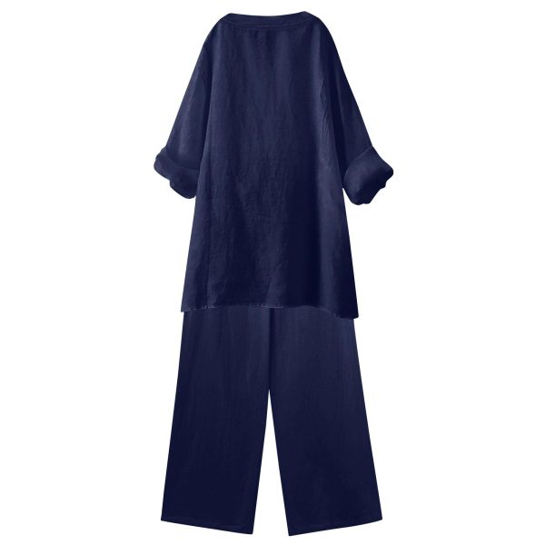 Women Cotton Linen Tunic Tops Set Plus Size 2 Piece Outfit Button V Neck Rolled 3/4 Sleeve Blouses and Wide Leg Pant