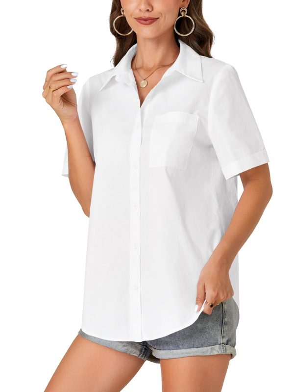 Women’s Short Sleeve Button Down Shirt Collared Cotton Casual Summer Blouse Top with Pocket