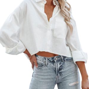 Womens Button Down Cropped Shirts Long Sleeve Casual Crop Tops Solid Lapel Blouse Shirt with Chest Pocket