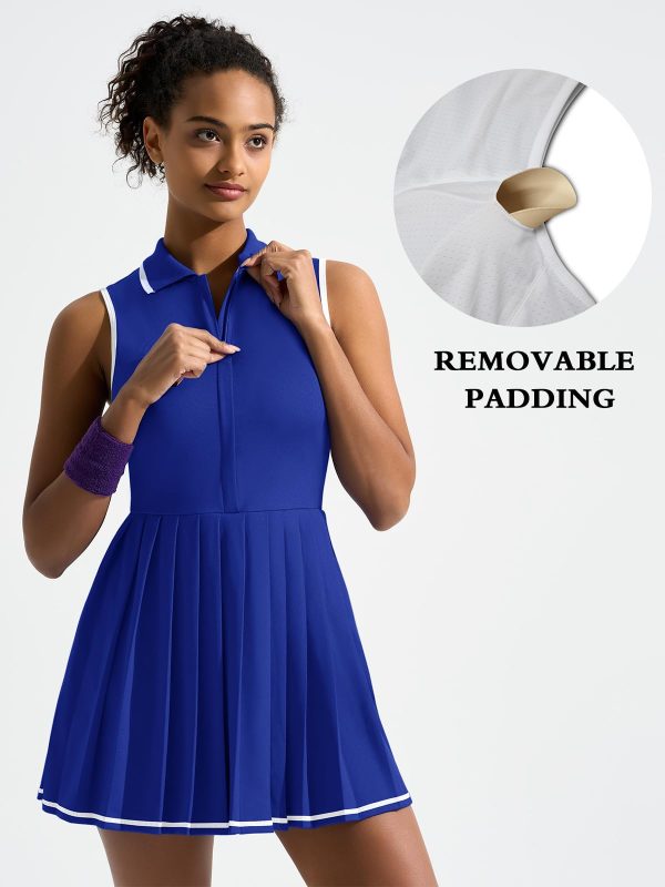 Tennis Dress with Shorts and Bra Sleeveless Contrast Polo Half Zip Pleated Athletic Workout Golf Dresses