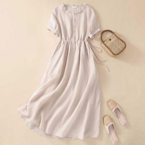 Women Cotton Linen Korean Style Fashion A-Line Dresses Summer Half Sleeve Lace-Up Waist-Defined Floral Casual Dress