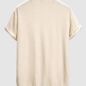 Mens Short Sleeve Button Down Shirt Jacquard Textured Summer Casual Top