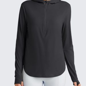 Lightbreeze Womens UPF 50+ Sun Shirts with Hoodie Long Sleeve Workout Tops Half Zip Rash Guard Hiking Fishing