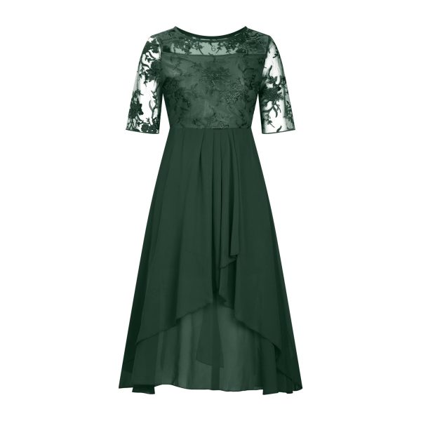 Women's Chiffon Lace Mesh Patchwork Empire Waist Dresses Summer Half Sleeve Pleated Fashion Flwoy A-Line Midi Dress