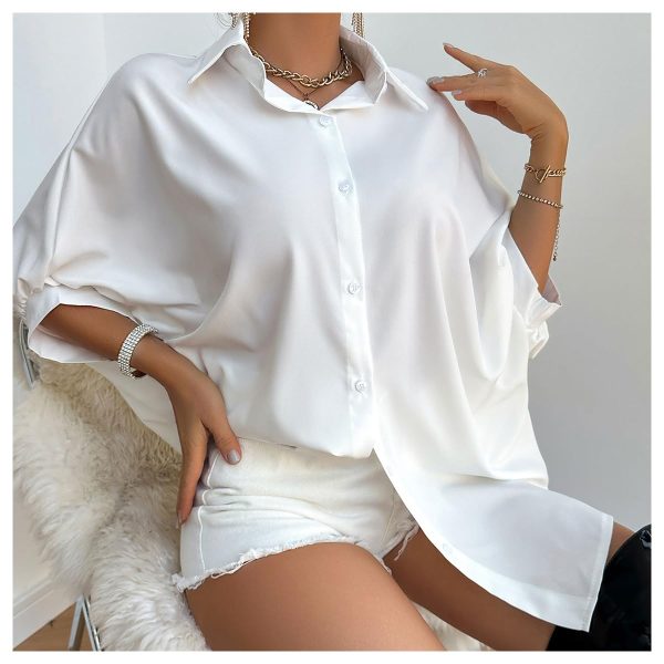 Women's Button Down Batwing Sleeve Shirts Casual Loose Tops Solid Blouses
