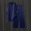 Women Cotton Linen Tunic Tops Set Plus Size 2 Piece Outfit Button V Neck Rolled 3/4 Sleeve Blouses and Wide Leg Pant