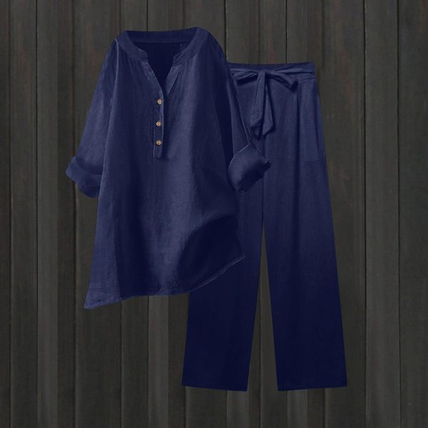 Women Cotton Linen Tunic Tops Set Plus Size 2 Piece Outfit Button V Neck Rolled 3/4 Sleeve Blouses and Wide Leg Pant