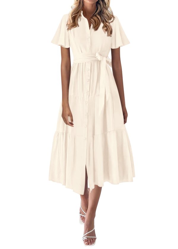 Summer Button Down Wedding Guest Shirt Dresses for Women Maxi Flutter Short Sleeve Flowy Tiered Beach Sun Dress