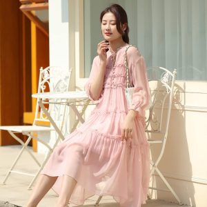 Women's French Silk Dress,New V-Neck Half Sleeve Agaric Edge Stitching Large Swing Pink Mulberry Silk Long Skirt