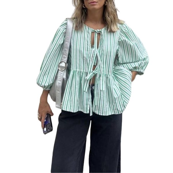 Women Y2K Peplum Puff Sleeve Shirts Teen Girls Lace Up Babydoll Ruffle Hem Blouse Tie Front Cute Summer Tops