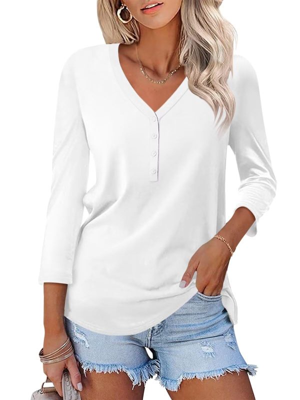 Women's V Neck 3/4 Sleeve Tops Casual Shirts Basic Summer Tees