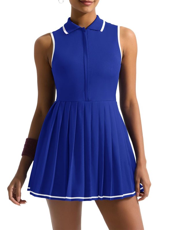 Tennis Dress with Shorts and Bra Sleeveless Contrast Polo Half Zip Pleated Athletic Workout Golf Dresses