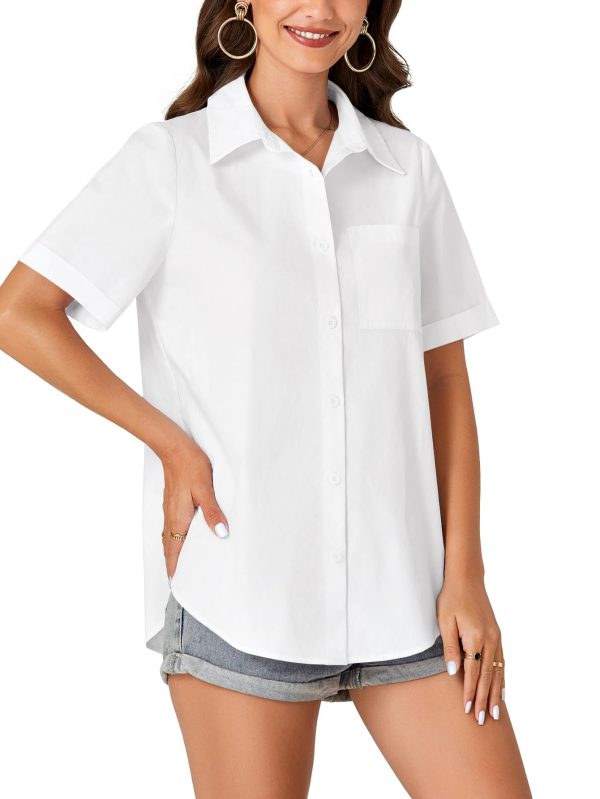 Women’s Short Sleeve Button Down Shirt Collared Cotton Casual Summer Blouse Top with Pocket
