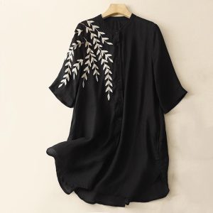 Womens Cotton Linen Tunic Shirts Button Up Half Sleeve Embroidered Blouses Summer Casual Loose Fit Vintage Long Tops