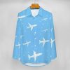 Airplane Print Women's Button Down Shirts Long Sleeve Casual Blouses Tops