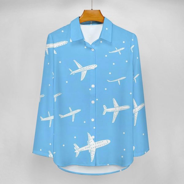 Airplane Print Women's Button Down Shirts Long Sleeve Casual Blouses Tops
