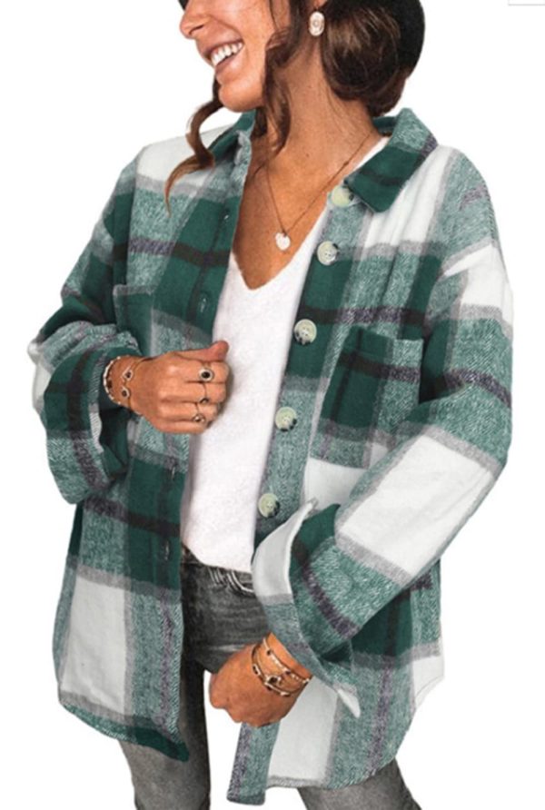 Women's Brushed Plaid Shirts Long Sleeve Flannel Lapel Button Down Cardigan Boyfriend Shacket Jacket Coats