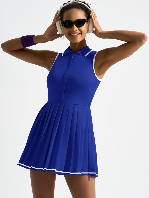 Tennis Dress with Shorts and Bra Sleeveless Contrast Polo Half Zip Pleated Athletic Workout Golf Dresses