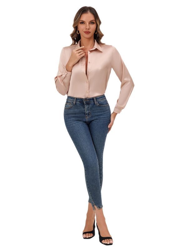 Women's Satin Button Down Shirt, Long Sleeves Silk Dress Shirt, Relaxed Fit Business Casual Silk Top for Work