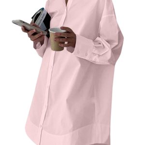 Women's Casual Shirt Dress Collar V Neck Button Down Loose Long Sleeve Mini Dresses Light Pink Large