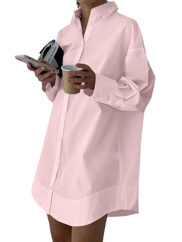 Women's Casual Shirt Dress Collar V Neck Button Down Loose Long Sleeve Mini Dresses Light Pink Large